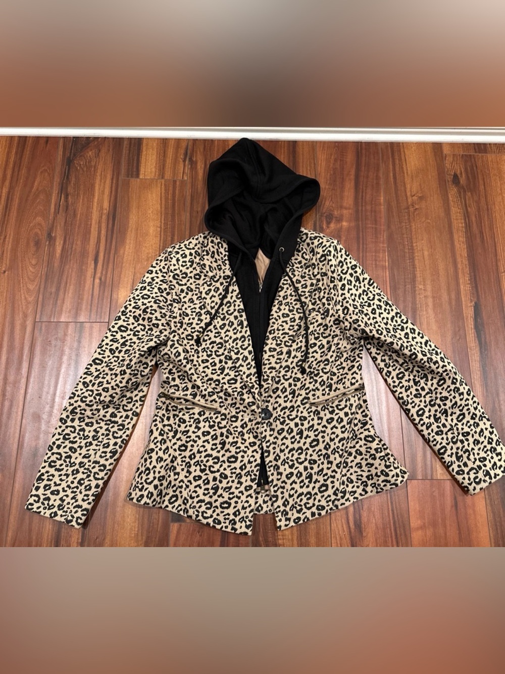 FATE Leopard Denim 2-in-1 Hoodie Jacket Blazer Detachable Vest Size L EUC